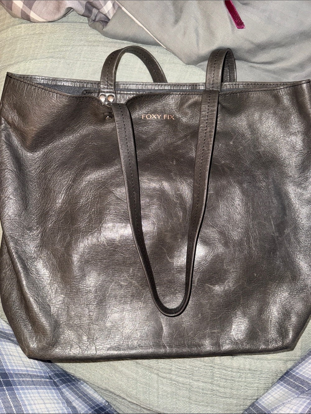 FOXY FIX Black Leather Tote Bag with Long Straps